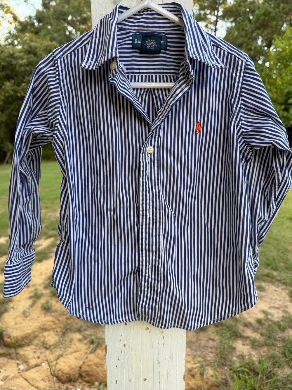 Ralph Lauren Boys Navy & White Striped Button-Down Shirt with Red Pony